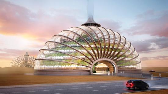 它在陆地上看起来也很时髦。这种拱形建筑物外表将覆盖一种非常耐用的箔，所有的东西都将通过钢缆皮带维系在一起。